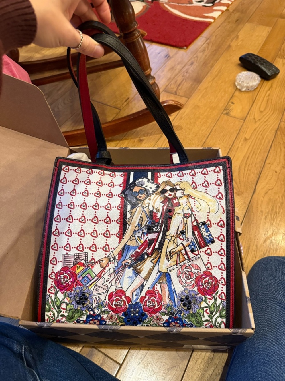 Brighton Red, Black and White Graphic Tote with Floral Illustration